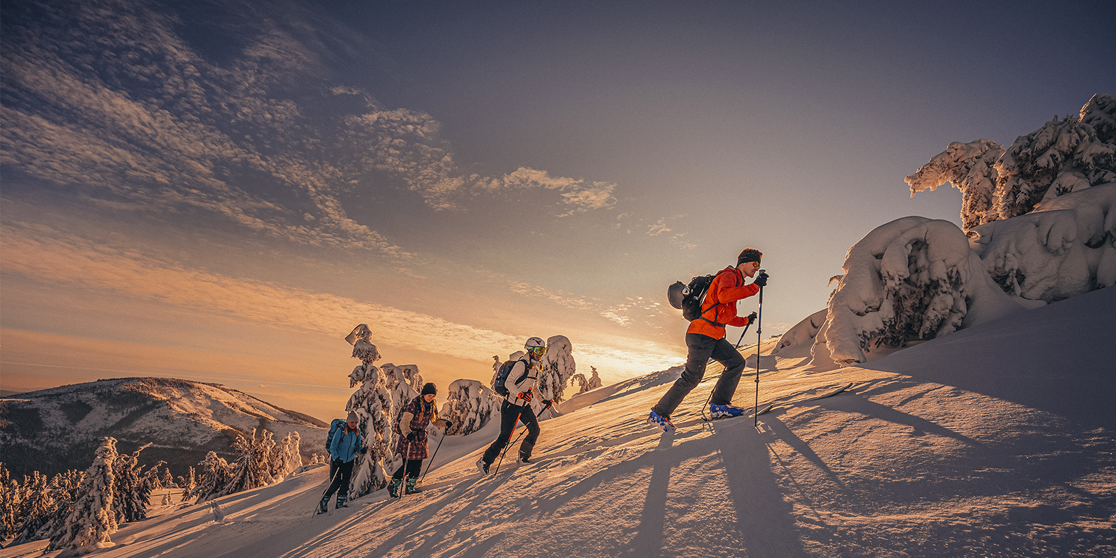 Group of skiers going up mountain